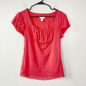 Ann Taylor Loft‎ Bright Pink Pleated Mesh Square Neck Blouse Coquette Size Large